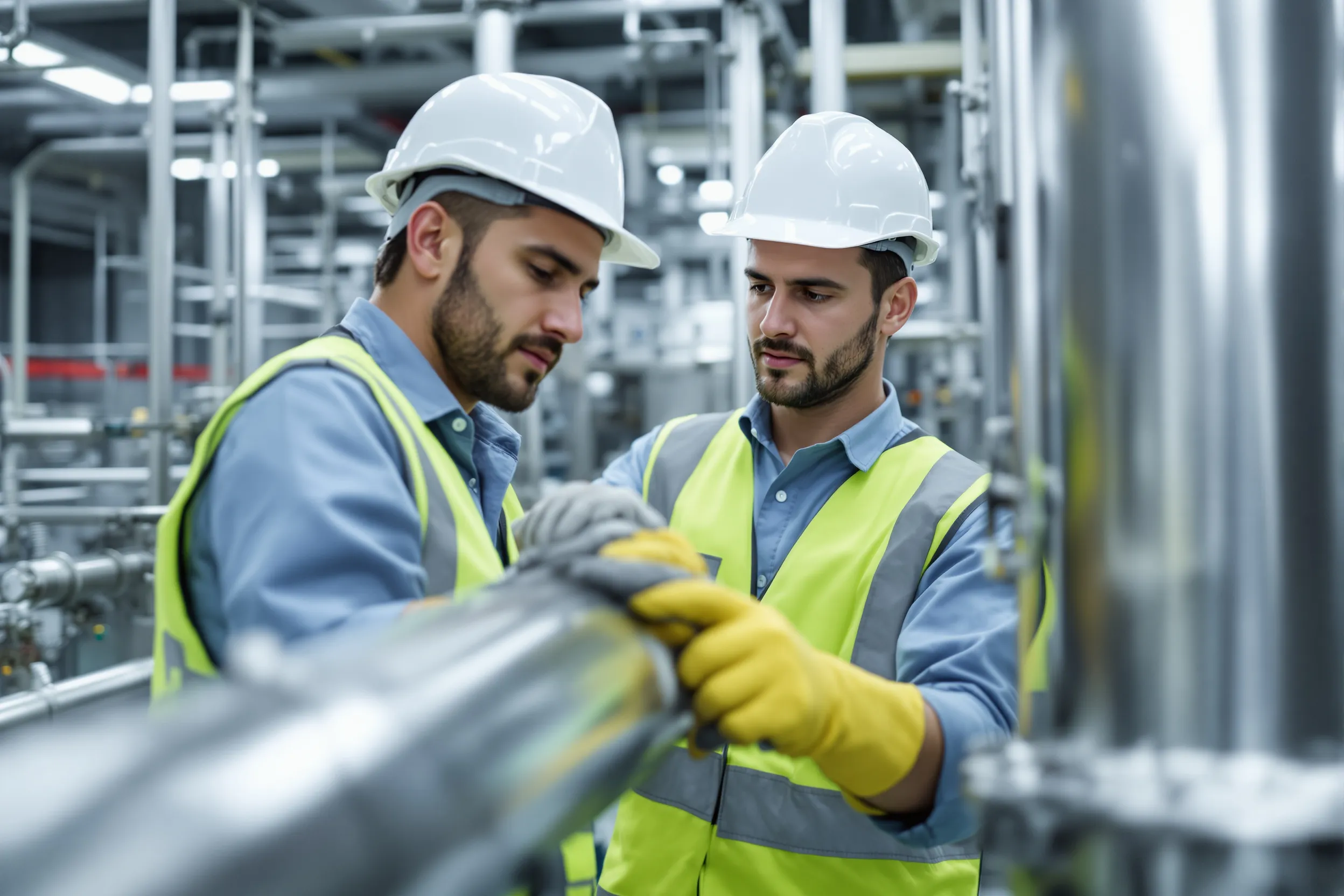 SCI workers repairing industrial piping in food manufacturing facility